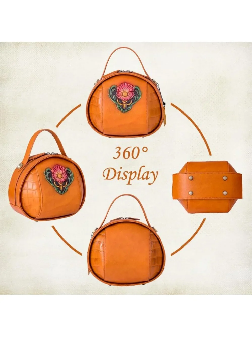 Vintage Leather Crossbody Bag for Women - Embossed Flower Design, Structured